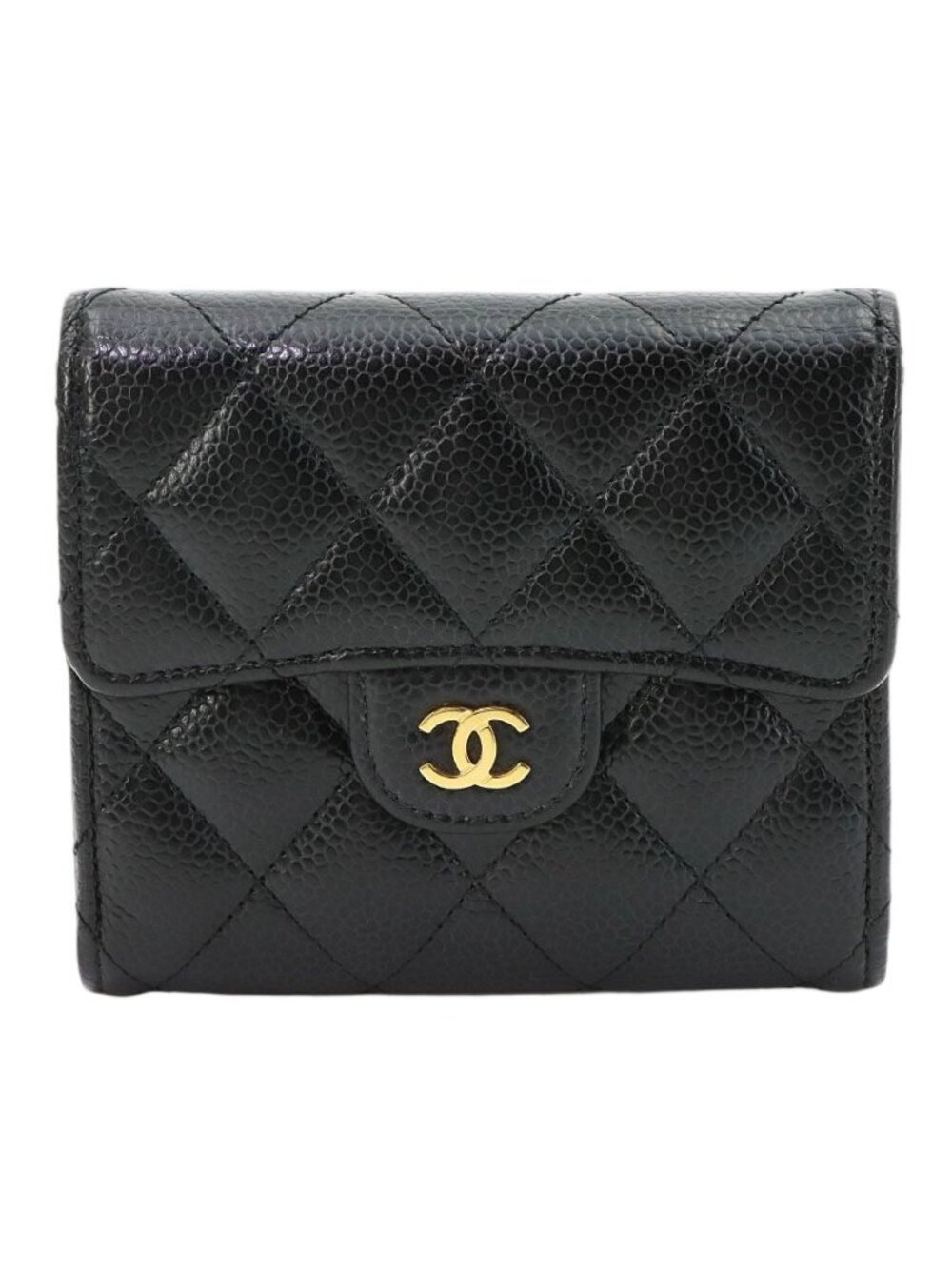 Chanel Quilted Trifold Wallet Caviar Leather Black Gold